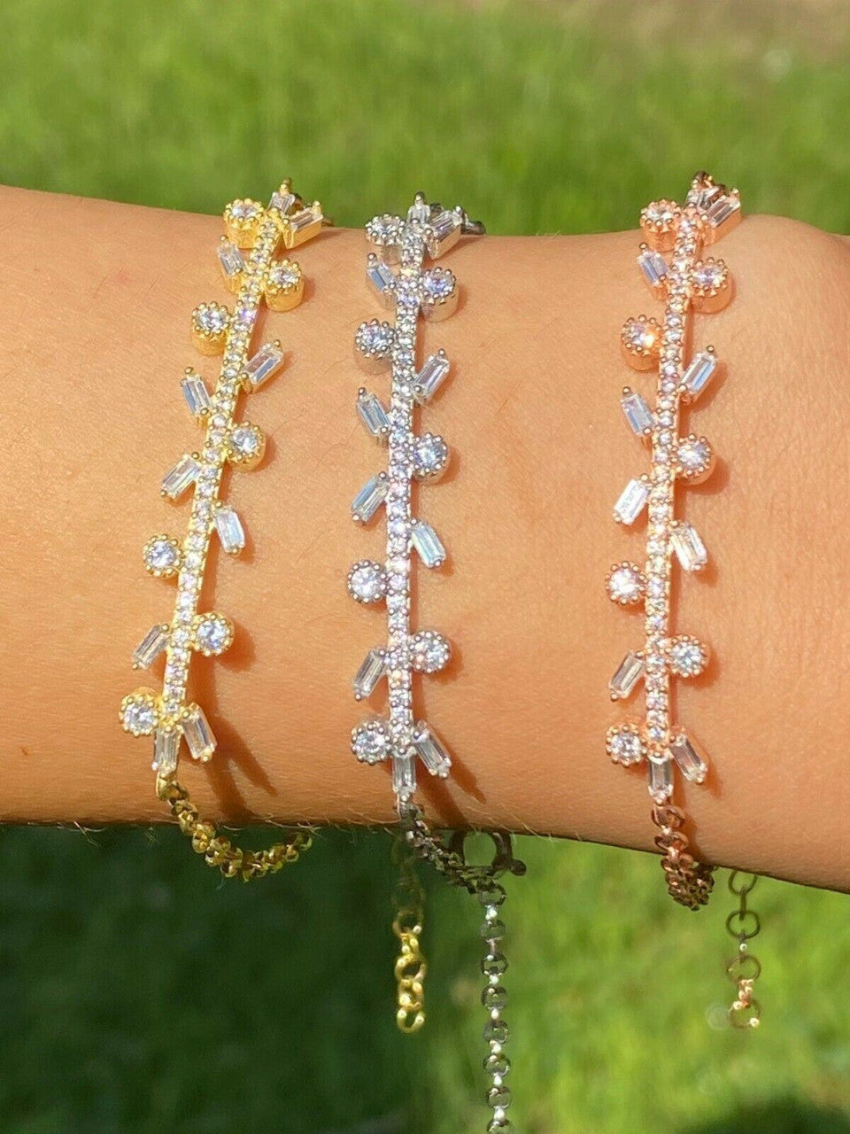 Real 925 Sterling Silver Yellow Rose Gold Floral Branch Iced CZ Ladies Bracelet