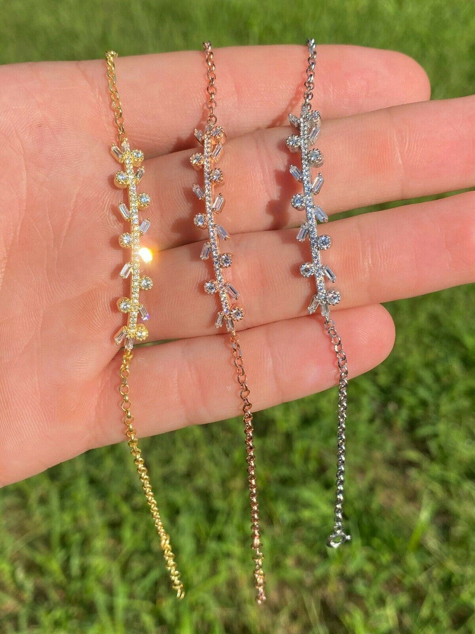 Real 925 Sterling Silver Yellow Rose Gold Floral Branch Iced CZ Ladies Bracelet