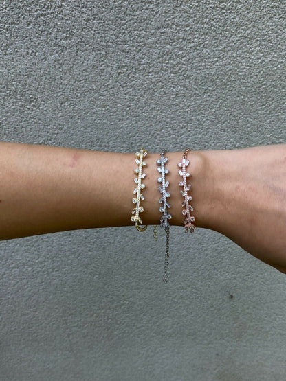 Real 925 Sterling Silver Yellow Rose Gold Floral Branch Iced CZ Ladies Bracelet