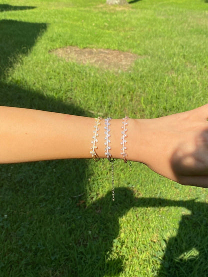 Real 925 Sterling Silver Yellow Rose Gold Floral Branch Iced CZ Ladies Bracelet