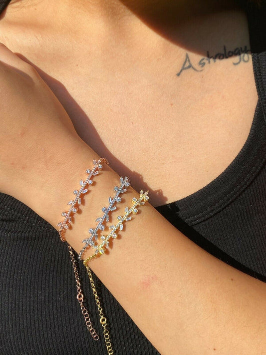 Real 925 Sterling Silver Yellow Rose Gold Floral Branch Iced CZ Ladies Bracelet