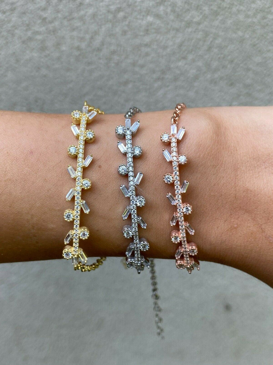 Real 925 Sterling Silver Yellow Rose Gold Floral Branch Iced CZ Ladies Bracelet