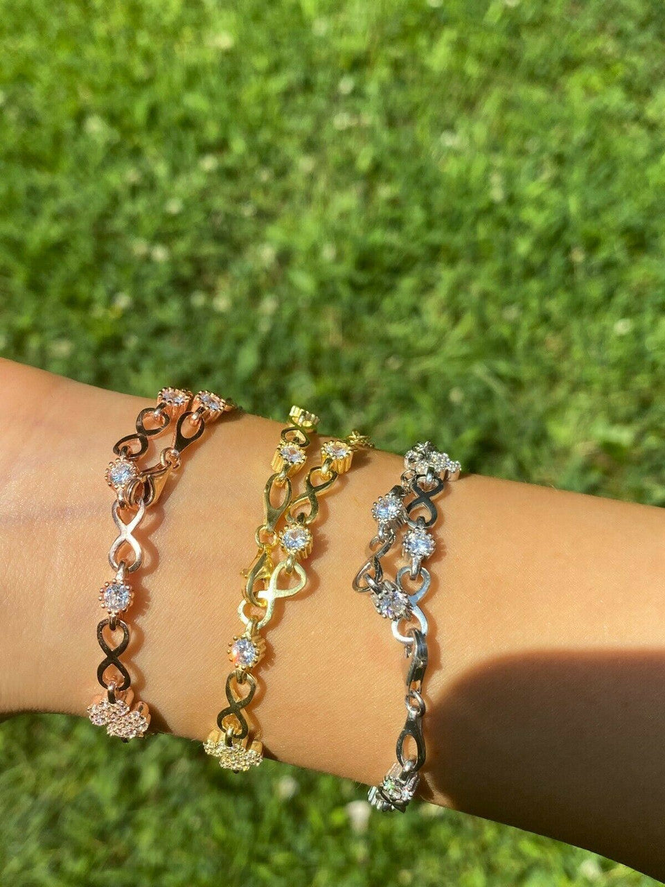 Real 925 Sterling Silver Yellow Rose Gold Infinity Four Leaf Clover CZ Bracelet
