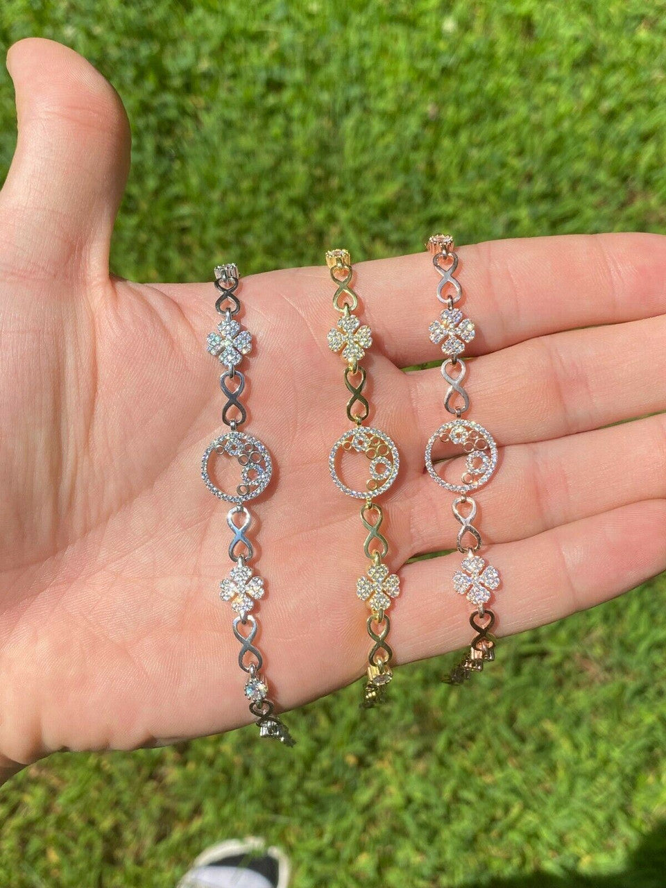 Real 925 Sterling Silver Yellow Rose Gold Infinity Four Leaf Clover CZ Bracelet