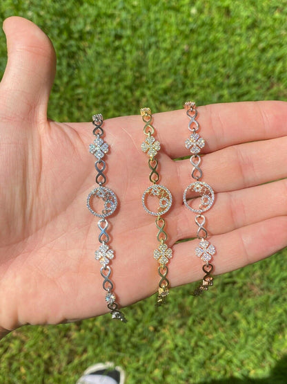 Real 925 Sterling Silver Yellow Rose Gold Infinity Four Leaf Clover CZ Bracelet