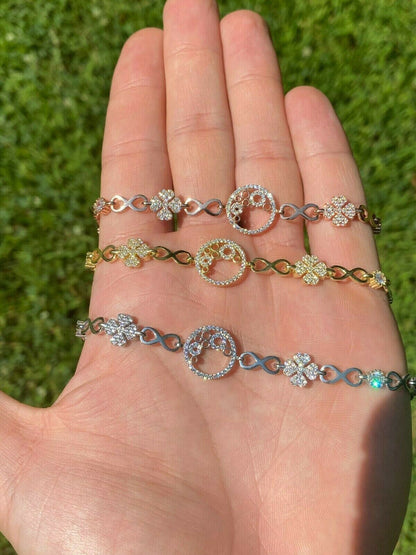 Real 925 Sterling Silver Yellow Rose Gold Infinity Four Leaf Clover CZ Bracelet