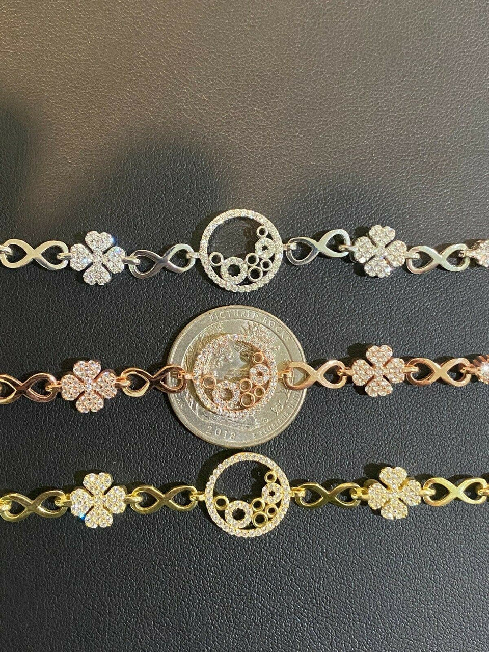 Real 925 Sterling Silver Yellow Rose Gold Infinity Four Leaf Clover CZ Bracelet