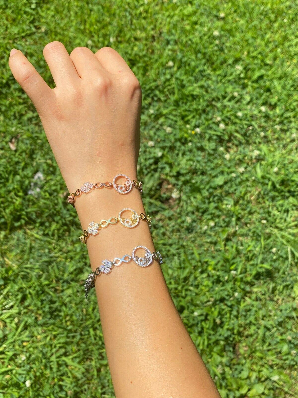 Real 925 Sterling Silver Yellow Rose Gold Infinity Four Leaf Clover CZ Bracelet