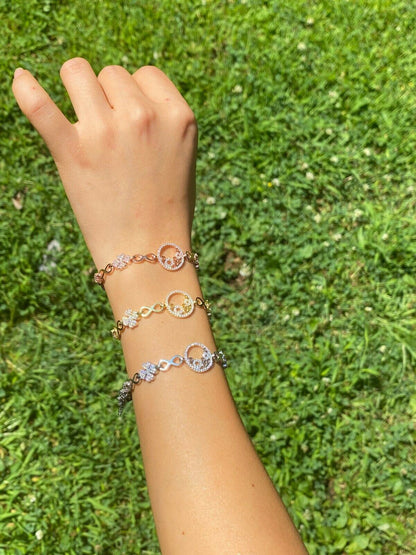 Real 925 Sterling Silver Yellow Rose Gold Infinity Four Leaf Clover CZ Bracelet