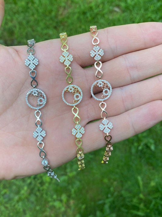 Real 925 Sterling Silver Yellow Rose Gold Infinity Four Leaf Clover CZ Bracelet