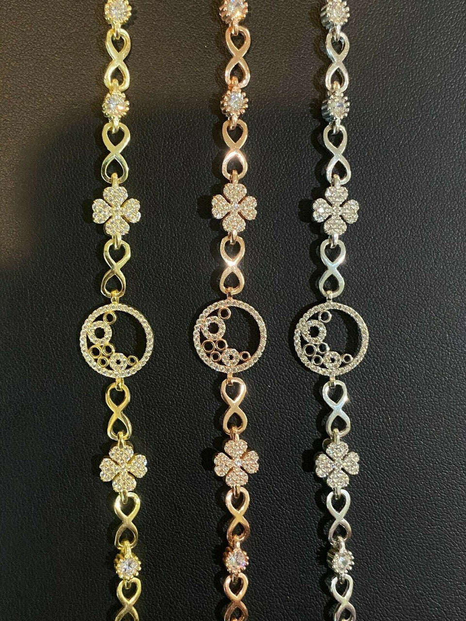 Real 925 Sterling Silver Yellow Rose Gold Infinity Four Leaf Clover CZ Bracelet