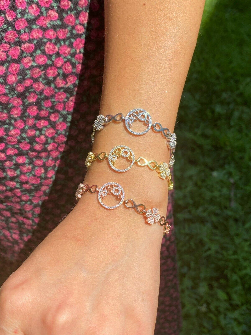 Real 925 Sterling Silver Yellow Rose Gold Infinity Four Leaf Clover CZ Bracelet