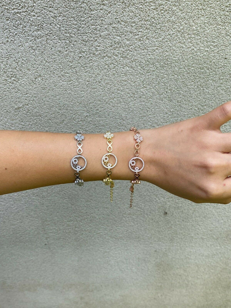 Real 925 Sterling Silver Yellow Rose Gold Infinity Four Leaf Clover CZ Bracelet