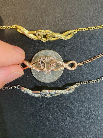 Real 925 Sterling Silver Yellow Rose Gold Infinity Heart Big CZ Ladies Bracelet