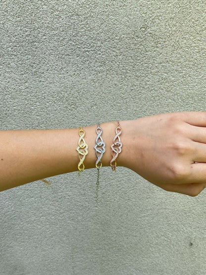 Real 925 Sterling Silver Yellow Rose Gold Infinity Heart Big CZ Ladies Bracelet