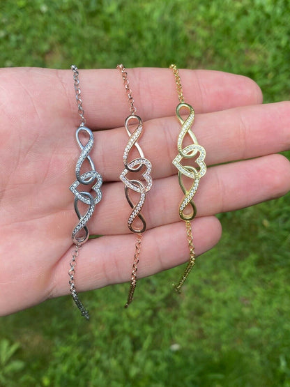 Real 925 Sterling Silver Yellow Rose Gold Infinity Heart Big CZ Ladies Bracelet