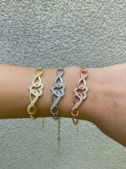 Real 925 Sterling Silver Yellow Rose Gold Infinity Heart Big CZ Ladies Bracelet