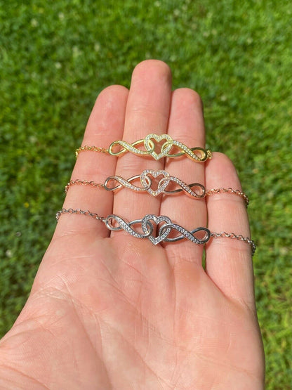 Real 925 Sterling Silver Yellow Rose Gold Infinity Heart Big CZ Ladies Bracelet