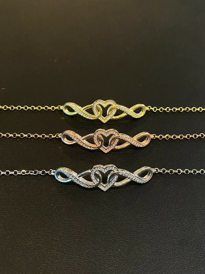 Real 925 Sterling Silver Yellow Rose Gold Infinity Heart Big CZ Ladies Bracelet