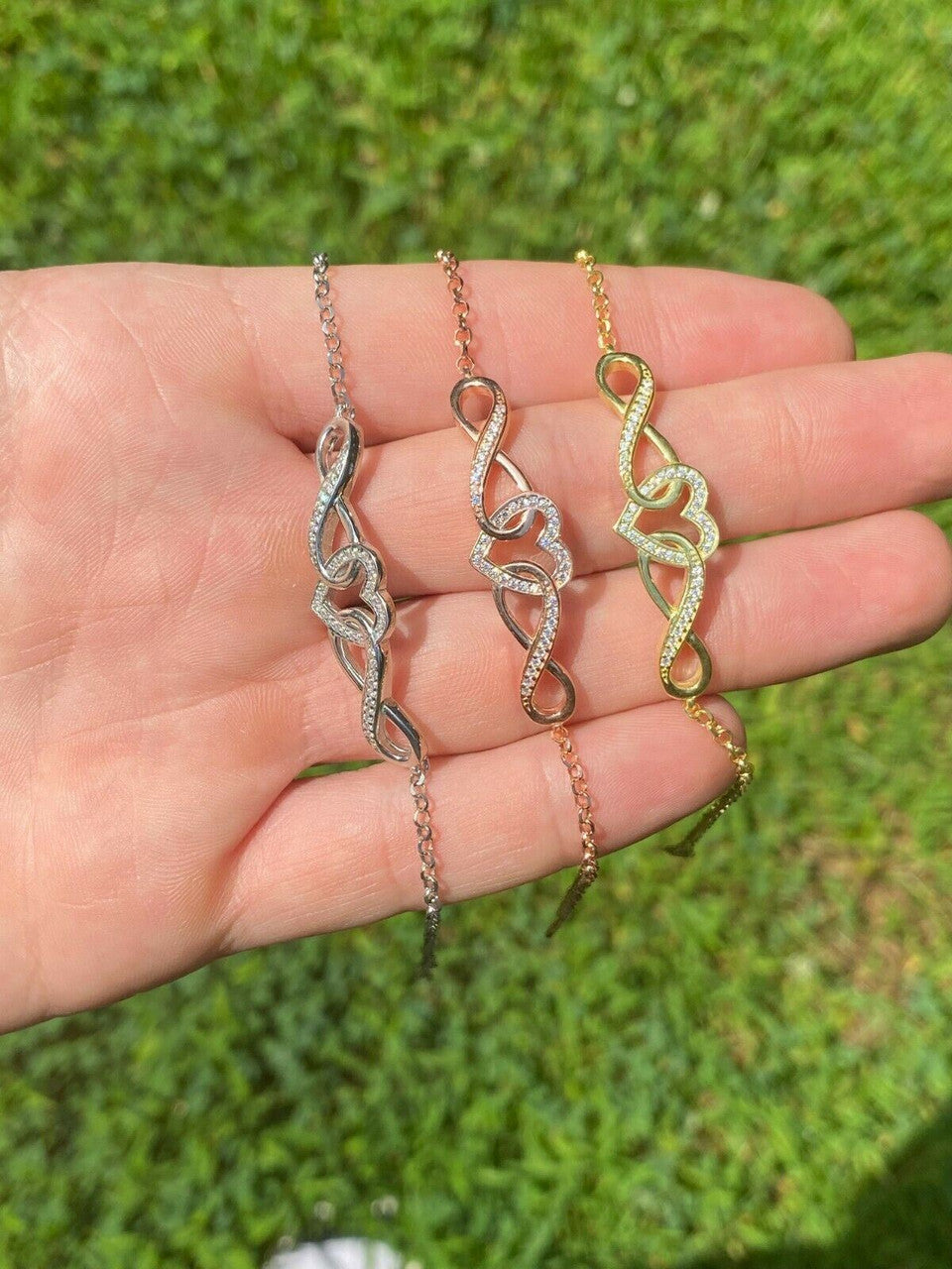 Real 925 Sterling Silver Yellow Rose Gold Infinity Heart Big CZ Ladies Bracelet