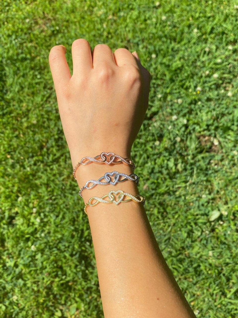 Real 925 Sterling Silver Yellow Rose Gold Infinity Heart Big CZ Ladies Bracelet