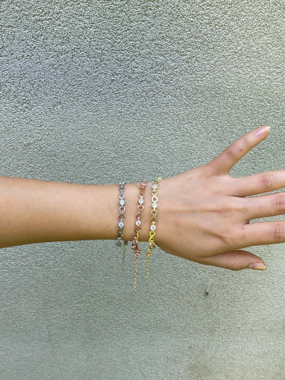 Real 925 Sterling Silver / Yellow Rose Gold Infinity Tennis CZ Ladies Bracelet