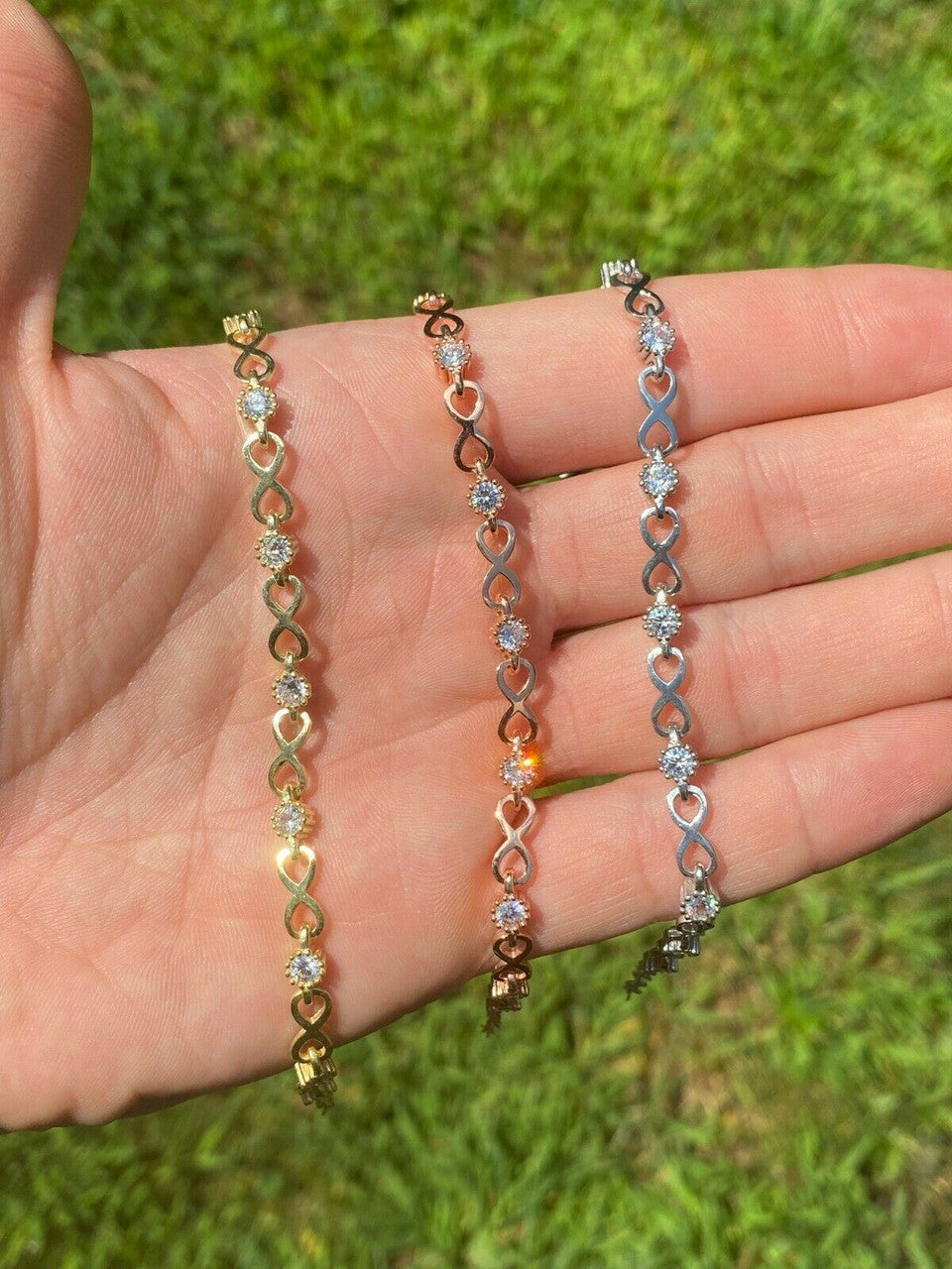Real 925 Sterling Silver / Yellow Rose Gold Infinity Tennis CZ Ladies Bracelet