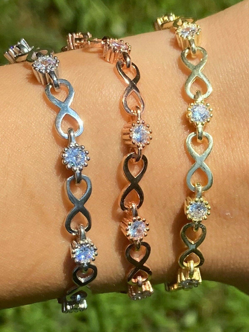 Real 925 Sterling Silver / Yellow Rose Gold Infinity Tennis CZ Ladies Bracelet