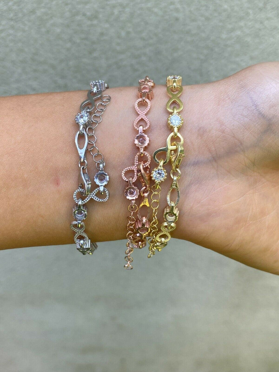 Real 925 Sterling Silver / Yellow Rose Gold Infinity Tennis CZ Ladies Bracelet