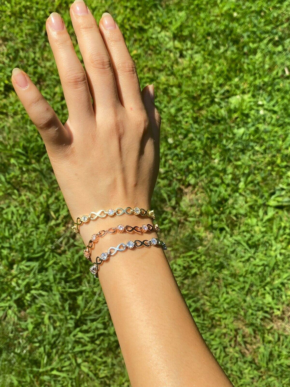 Real 925 Sterling Silver / Yellow Rose Gold Infinity Tennis CZ Ladies Bracelet