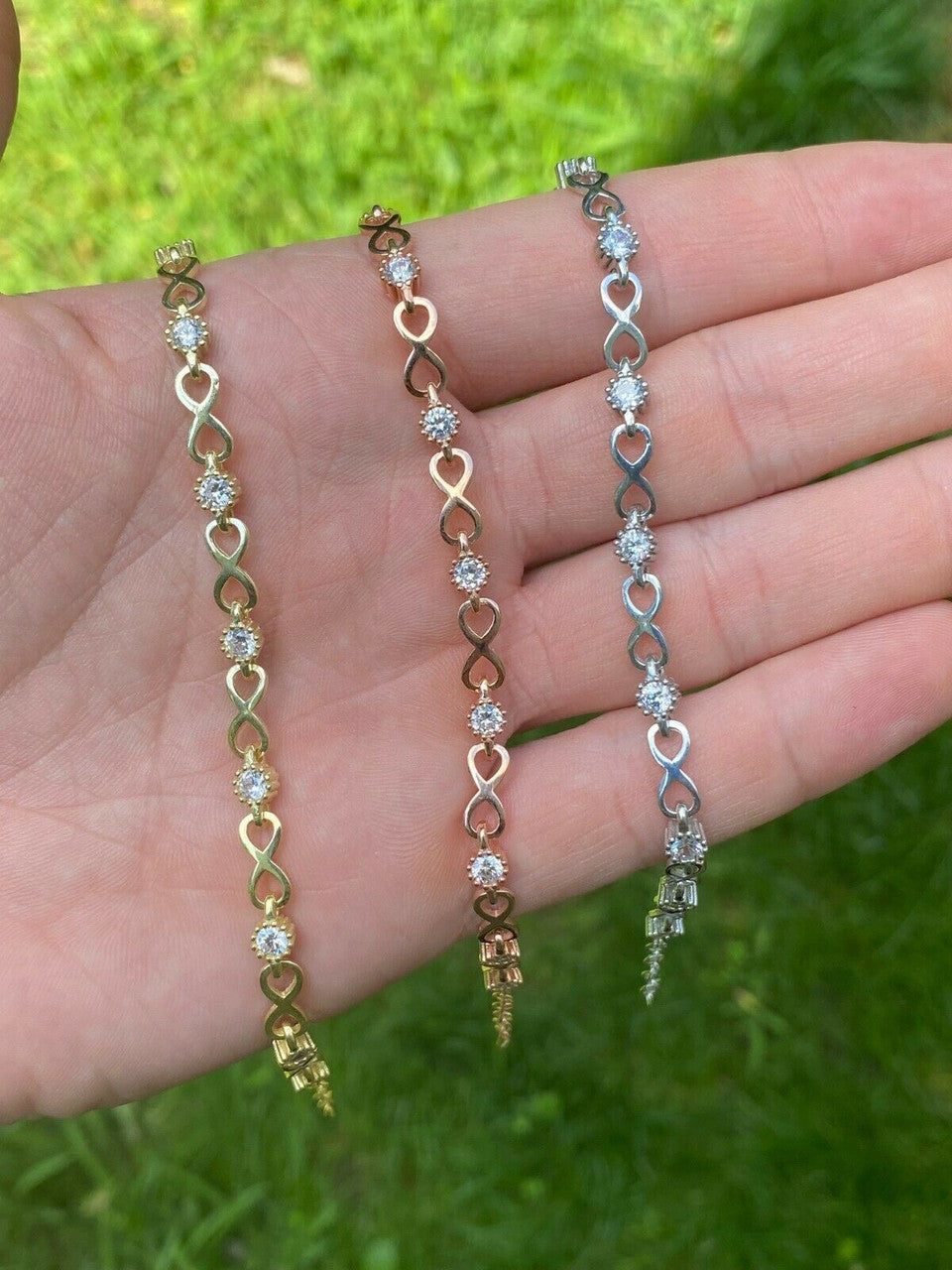 Real 925 Sterling Silver / Yellow Rose Gold Infinity Tennis CZ Ladies Bracelet