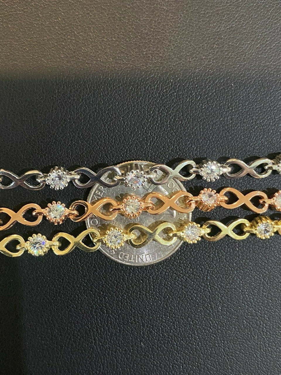 Real 925 Sterling Silver / Yellow Rose Gold Infinity Tennis CZ Ladies Bracelet