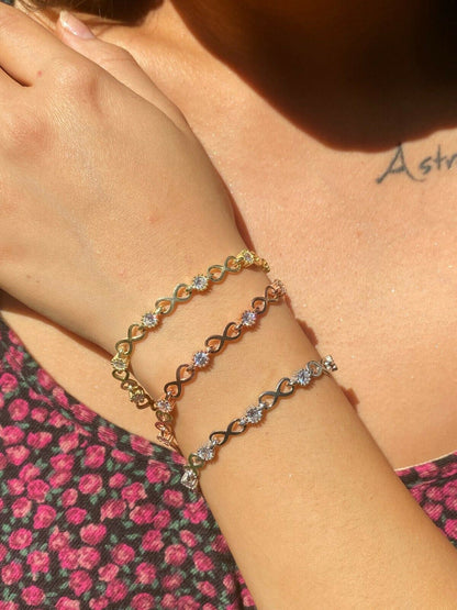 Real 925 Sterling Silver / Yellow Rose Gold Infinity Tennis CZ Ladies Bracelet