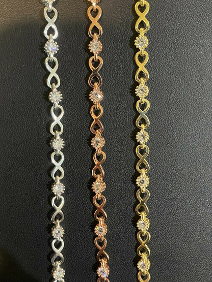 Real 925 Sterling Silver / Yellow Rose Gold Infinity Tennis CZ Ladies Bracelet