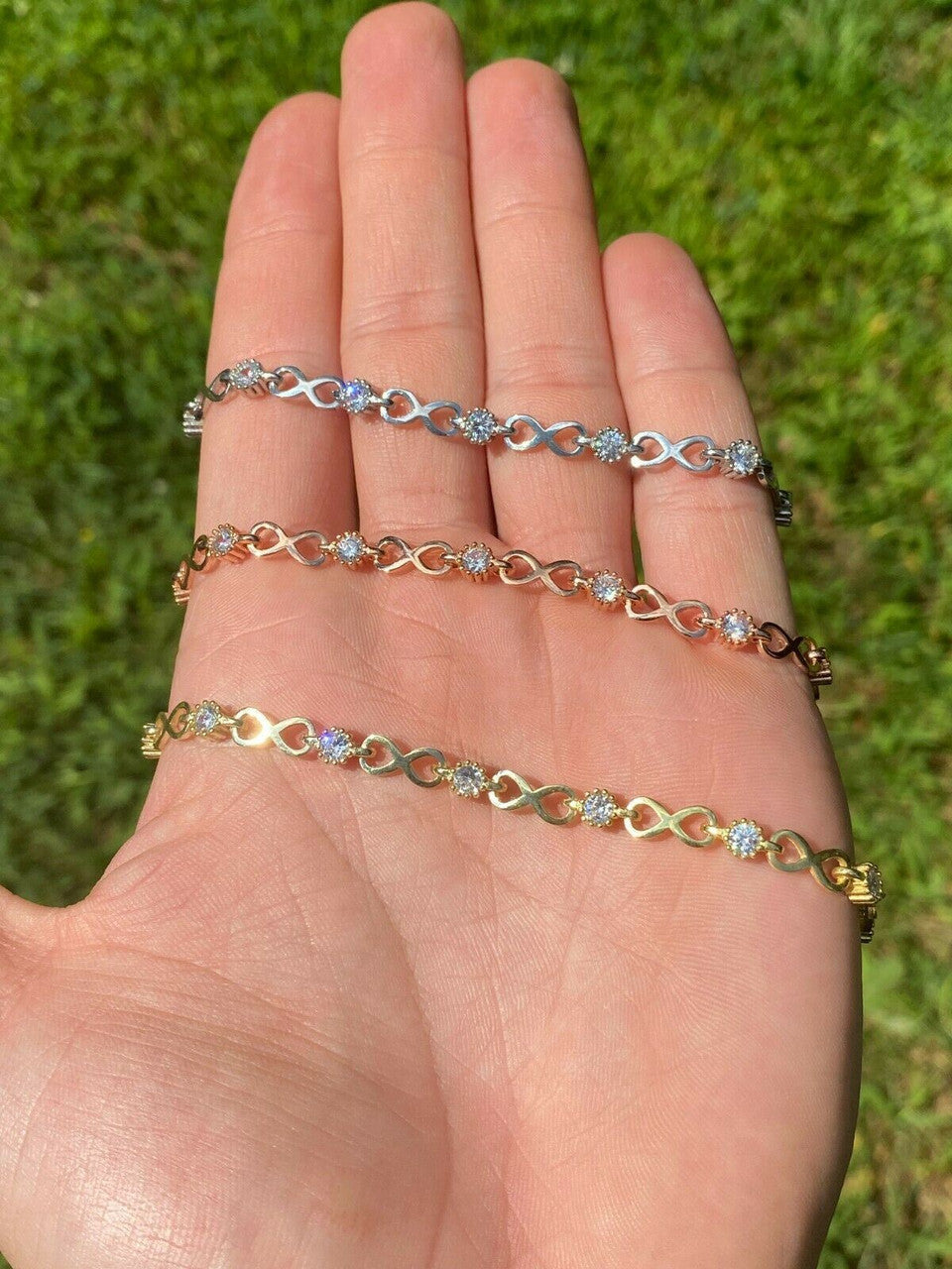 Real 925 Sterling Silver / Yellow Rose Gold Infinity Tennis CZ Ladies Bracelet