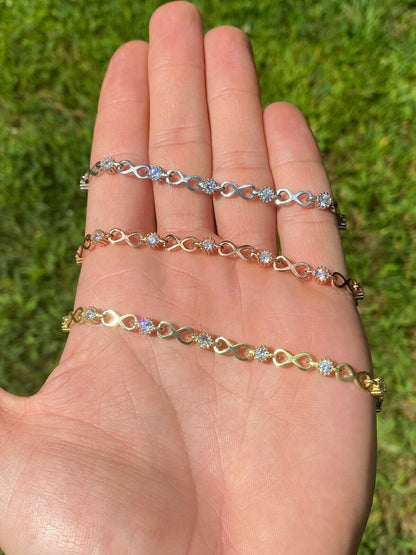Real 925 Sterling Silver / Yellow Rose Gold Infinity Tennis CZ Ladies Bracelet
