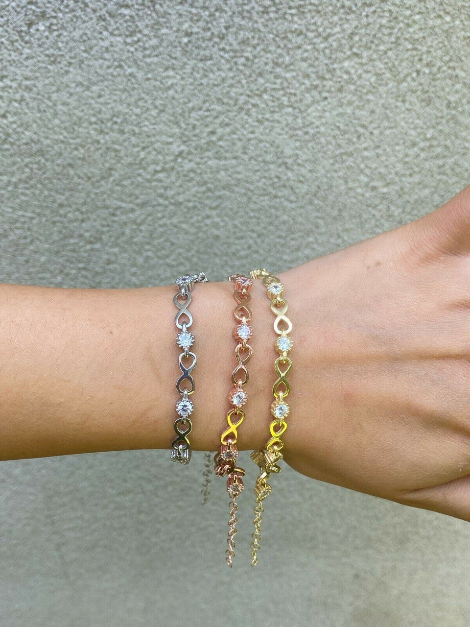 Real 925 Sterling Silver / Yellow Rose Gold Infinity Tennis CZ Ladies Bracelet