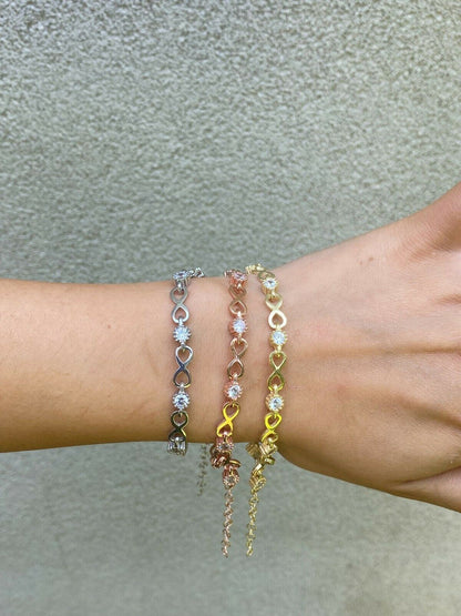 Real 925 Sterling Silver / Yellow Rose Gold Infinity Tennis CZ Ladies Bracelet