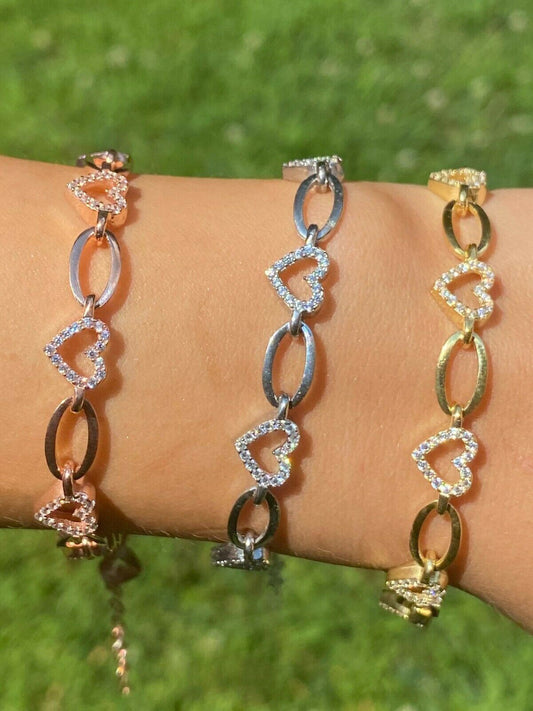 Real 925 Sterling Silver / Yellow Rose Gold Paperclip Heart CZ Ladies Bracelet
