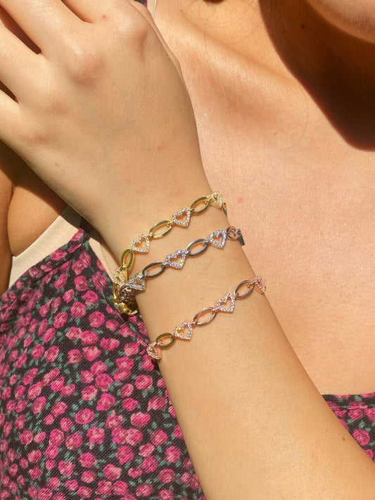 Real 925 Sterling Silver / Yellow Rose Gold Paperclip Heart CZ Ladies Bracelet