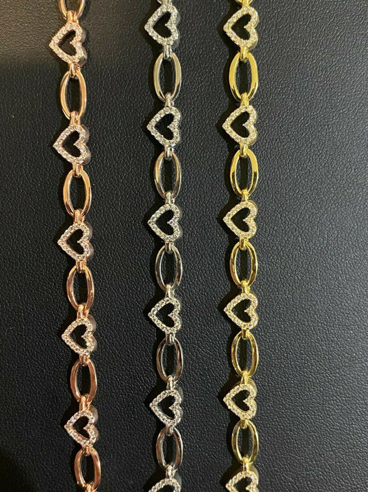 Real 925 Sterling Silver / Yellow Rose Gold Paperclip Heart CZ Ladies Bracelet