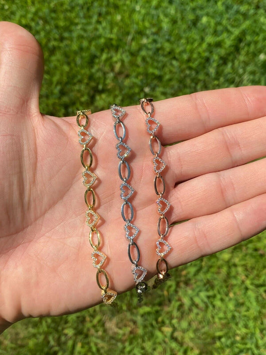 Real 925 Sterling Silver / Yellow Rose Gold Paperclip Heart CZ Ladies Bracelet