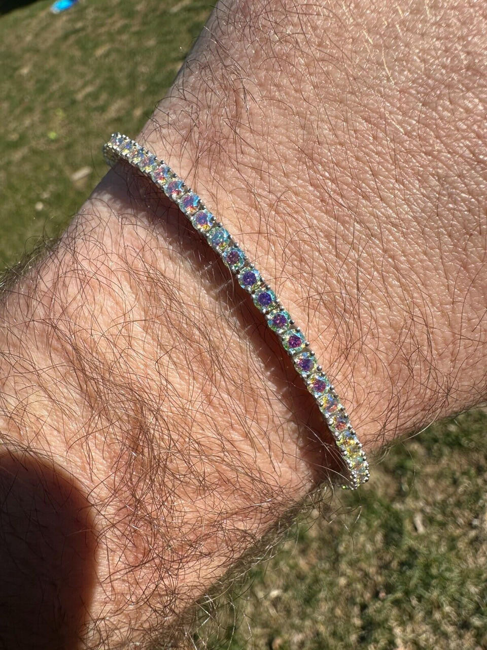 Real Iced Opal Rainbow MOISSANITE 3mm Tennis Bracelet 925 Silver