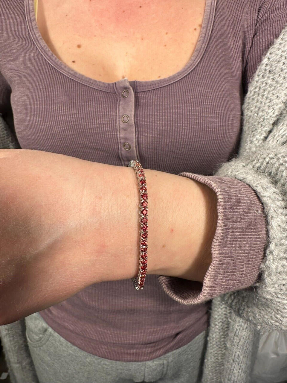 Real Iced Ruby Red MOISSANITE 3mm Tennis Bracelet 925 Silver Pass Diamond Test