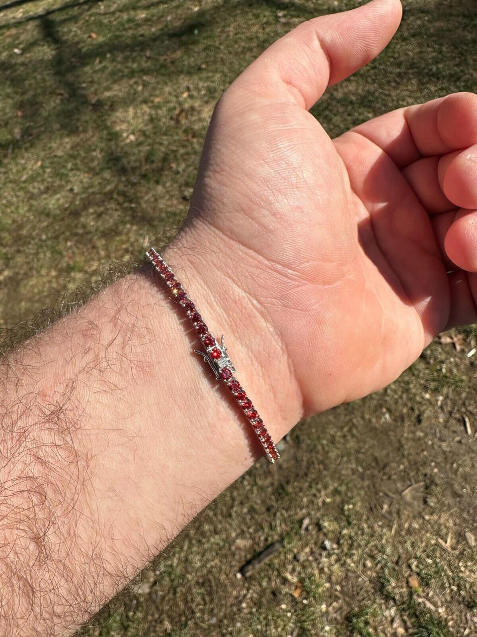 Real Iced Ruby Red MOISSANITE 3mm Tennis Bracelet 925 Silver Pass Diamond Test