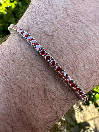 Real Iced Ruby Red MOISSANITE 3mm Tennis Bracelet 925 Silver Pass Diamond Test