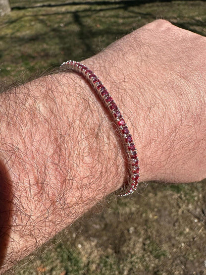 Real Iced Ruby Red MOISSANITE 3mm Tennis Bracelet 925 Silver Pass Diamond Test
