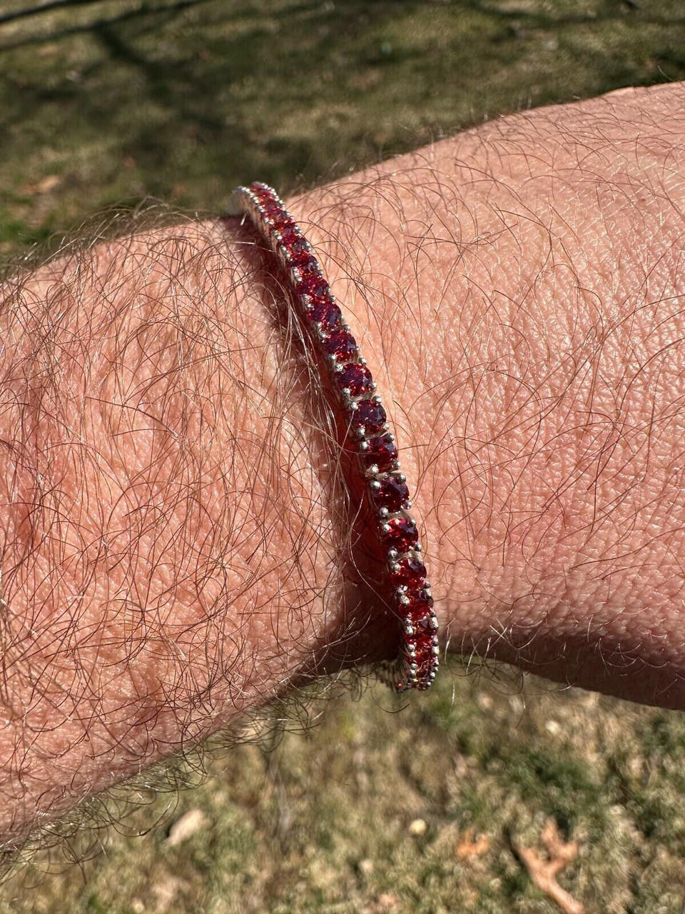 Real Iced Ruby Red MOISSANITE 3mm Tennis Bracelet 925 Silver Pass Diamond Test