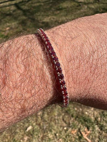 Real Iced Ruby Red MOISSANITE 3mm Tennis Bracelet 925 Silver Pass Diamond Test