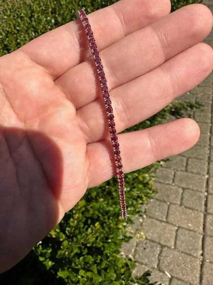 Real Iced Ruby Red MOISSANITE 3mm Tennis Bracelet 925 Silver Pass Diamond Test